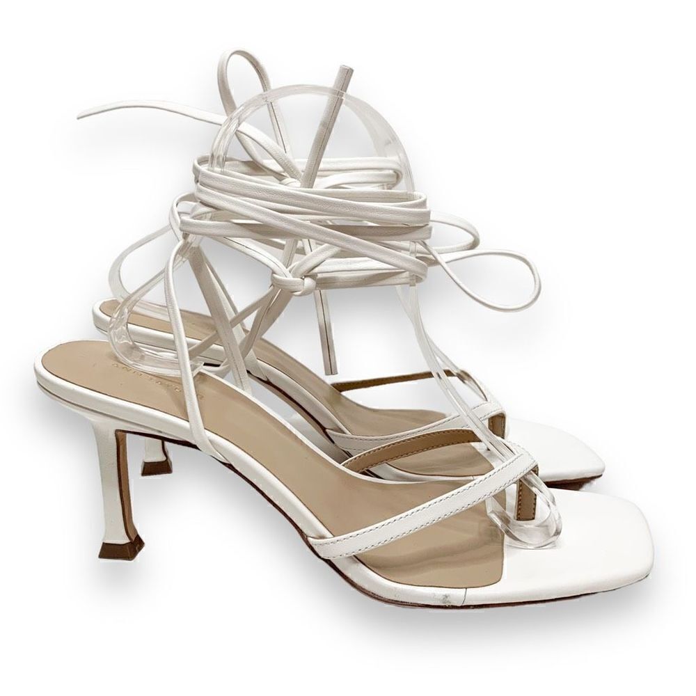 Ann Taylor White Leather Strappy Ankle Wrap Square Toe Sandal Heels Women’s 9.5M